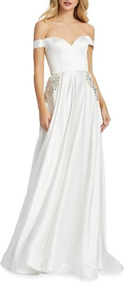 Ieena For Mac Duggal Off-the-Shoulder Embellished Satin Chiffon A-Line Gown