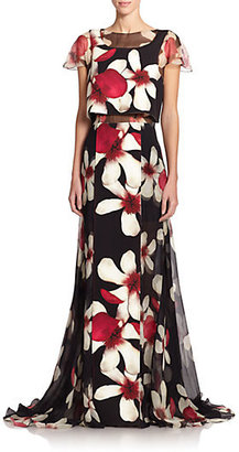 Carolina Herrera Magnolia-Print Overlay Gown