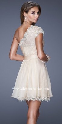 La Femme Delicate lace trim and one shoulder cocktail dress