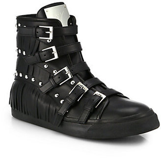 Giuseppe Zanotti Studded Leather Buckle & Fringe High-Top Sneakers