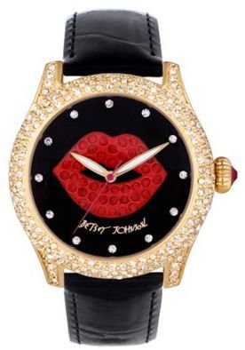 Betsey Johnson Ladies case-stone black dial croc strap watch