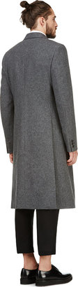 Comme des Garcons Homme Plus Grey Wool Tartan-Trimmed Greatcoat