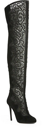 Nicholas Kirkwood Embroidered Mesh & Suede Over-The-Knee Boots