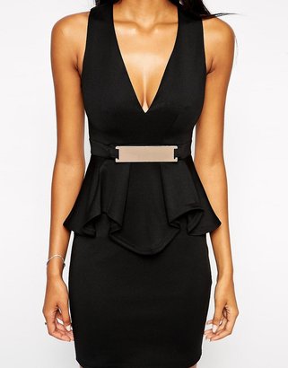 Lipsy Deep V Ruffle Body-Conscious Dress With Metal Plate