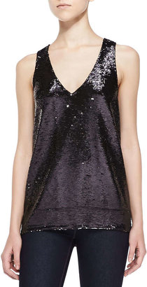 Neiman Marcus Cusp by Sleeveless Sequined Two-Tone Top