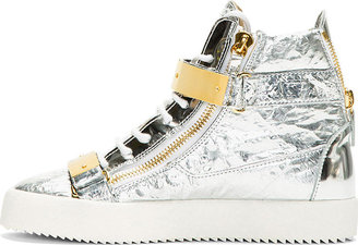 Giuseppe Zanotti Silver Textured Leather Metal Accent High-Top Sneakers