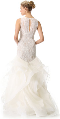Theia Embroidered Lace Cascading Ruffle Gown