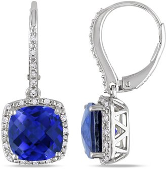 DiamoreTM 6 1/2 CT Created Blue Sapphire and 1/5 CT Diamond Earrings in Silver