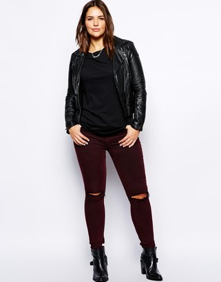 ASOS CURVE Exclusive Ridley Skinny Jean With Ripped Knee In Acid Wash Wine