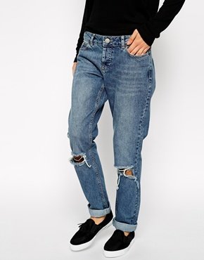 ASOS Brady Low Rise Slim Boyfriend Jeans in Mid Wash Blue with Busted Knees - Mid wash blue