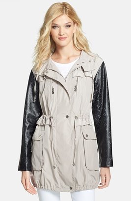 Betsey Johnson Hooded Anorak with Perforated Faux Leather Sleeves