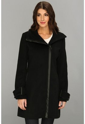 Calvin Klein Wool Blend Funnel Collar Coat w/ Faux Leather Trim CW280147 (Oatmeal) - Apparel