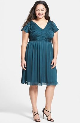 Adrianna Papell Beaded Shoulder Pleat Chiffon Dress (Plus Size)