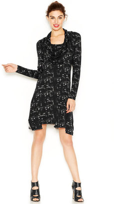 Kensie Long-Sleeve Cowl-Neck Printed Dress