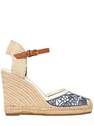 Tory Burch 100mm Lucia Lace Leather Wedge Sandals
