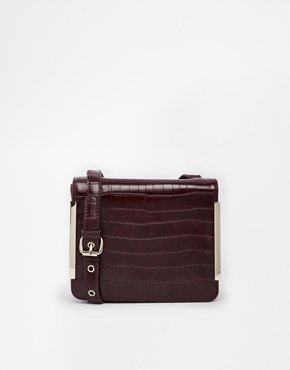 French Connection Camila Box Crossbody Bag in Croc Effect with Bar Detail - Wine