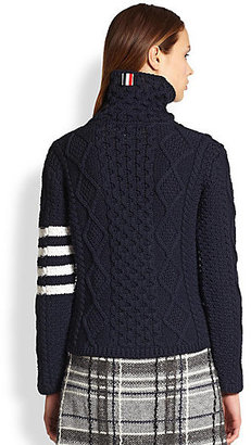 Thom Browne Aran Wool Stripe-Detail Turtleneck Sweater