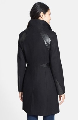 Via Spiga Faux Leather Trim Zip Front Wool Blend Coat (Online Only)