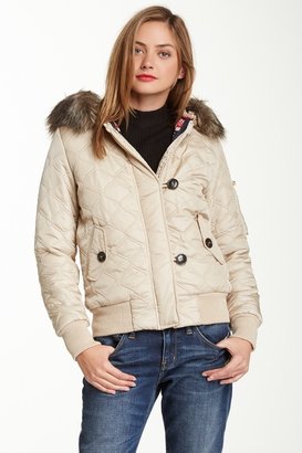 Love Moschino Intarsia Knit Faux Fur Hood Quilted Puffer Jacket