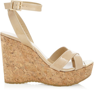Jimmy Choo Papyrus Nude Patent Cork Wedge Sandals