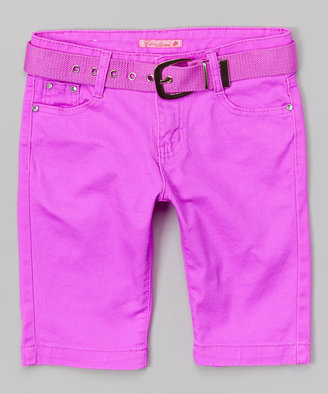 Neon Purple Belted Bermuda Shorts - Girls