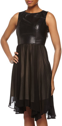 Nicole Miller Sleeveless Fit-And-Flare Leather Dress, Black