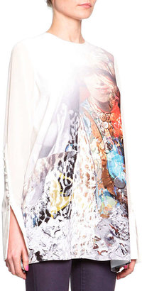 Just Cavalli Sheer Exaggerated-Cuff Top, Off White/Multi