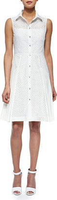 Lela Rose Side-Pleated Mesh Shirtdress, White