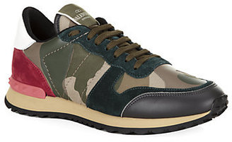 Valentino Camo Leather and Suede Studded Trainer