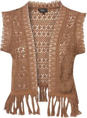 Topshop Camel Crochet Fringe Waistcoat