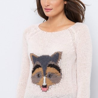 Soft Grey Long-Sleeved Scoop Neck Raccoon Motif Sweater, 10% Mohair