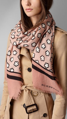 Burberry Graphic Floral Print Silk Cashmere Scarf