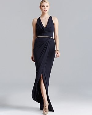 David Meister Gown - Sleeveless V Neck Jersey Draped Belted