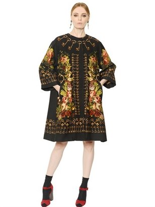 Dolce & Gabbana Keys & Floral Wool Silk Blend Gazar Coat
