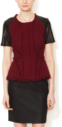 Rebecca Taylor Tweed Crewneck Peplum Top with Leather Accents