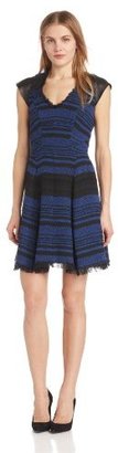 Rebecca Taylor Women's Short Sleeve Stripe Tweed Dress with Leather