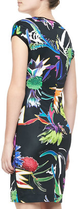 Just Cavalli Floral-Print Cap-Sleeve Jersey Dress