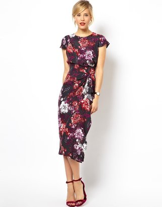 ASOS Pencil Dress With Waterfall Skirt In Floral Print - Print