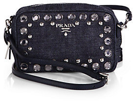 Prada Embellished Denim Camera Messenger Bag