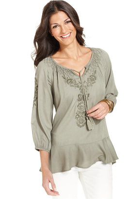 Style&Co. Three-Quarter-Sleeve Embroidered Peasant Top