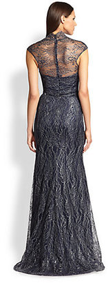 Theia Metallic-Lace Cap-Sleeve Gown