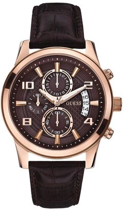 GUESS Exec Rose Gold Plated Brown Croco Leather Strap Mens Watch