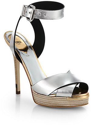 Fendi Claire Crisscross Metallic Leather Platform Sandals