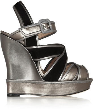 Oscar de la Renta Metallic leather and suede wedge sandals