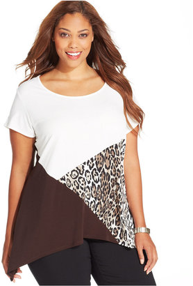 NY Collection Plus Size Animal-Print Colorblocked Blouse