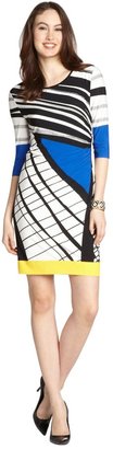 Donna Morgan Blue And Yellow Multi-Colored Three Quarter Sleeve Dress