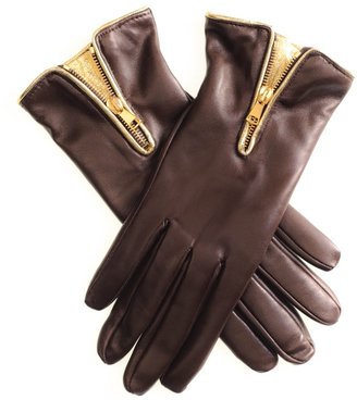 Black Dark Brown and Gold Trimmed Leather Gloves