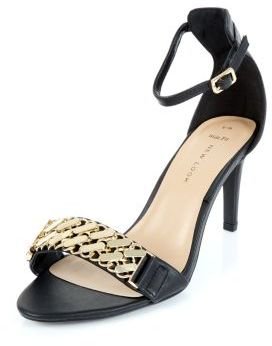 New Look Wide Fit Black Chain Trim Ankle Strap Heels