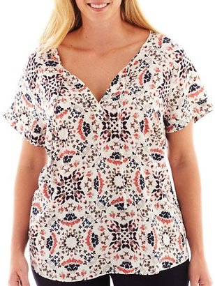 JCPenney a.n.a Short-Sleeve Cuffed Henley Blouse - Plus