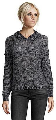 Wyatt black and gray marled long sleeve hooded hi-low sweater